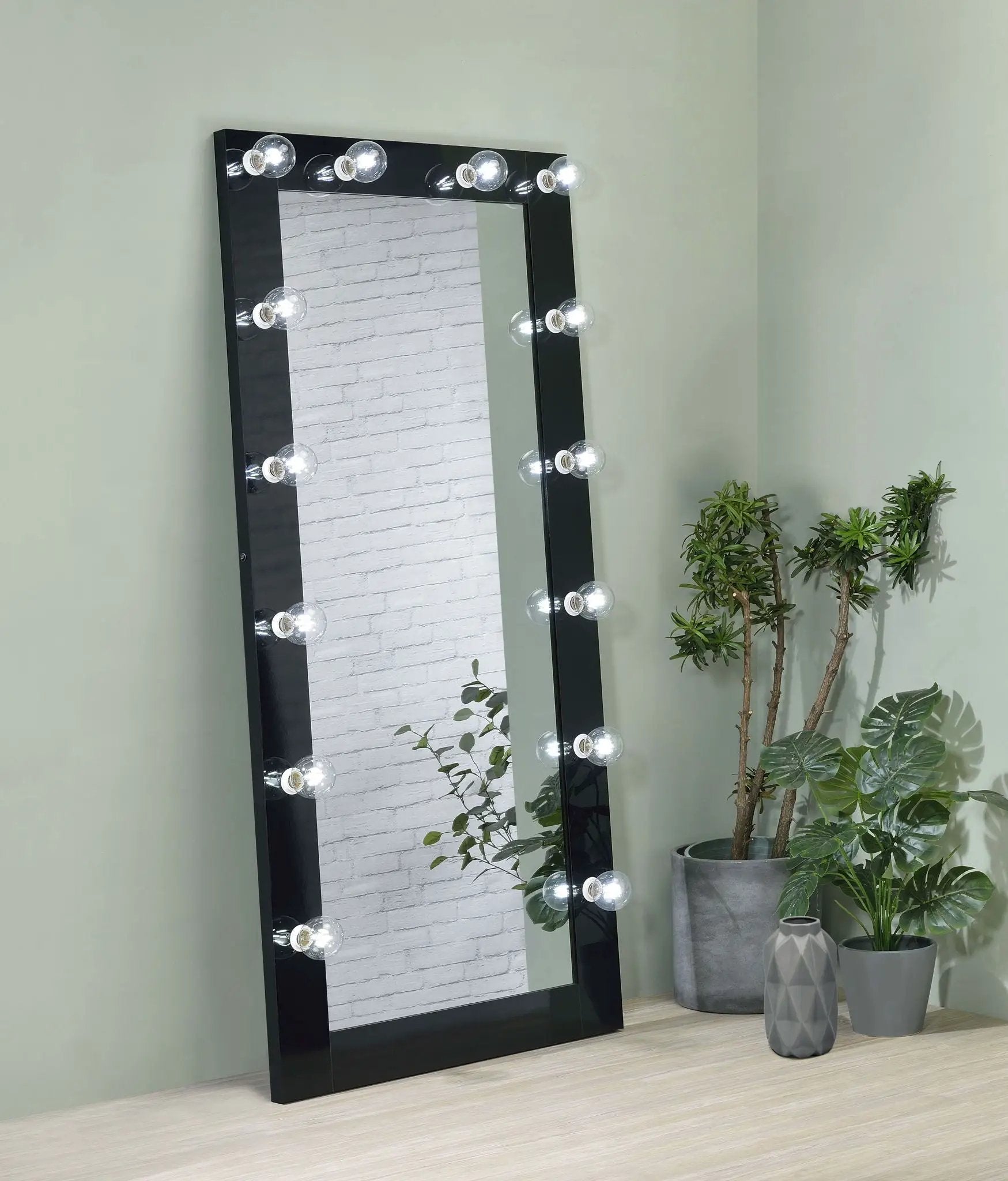 Zayan 32 x 71 Inch Floor Mirror LED Lighting Black Gloss by Unique Piece Furniture