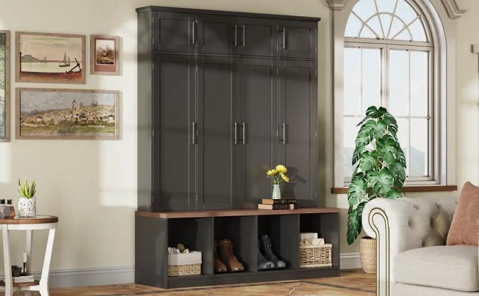 Farmhouse Hall Tree with 4 Hidden Hanging Hooks and Storage Bench by HouseOfZazla