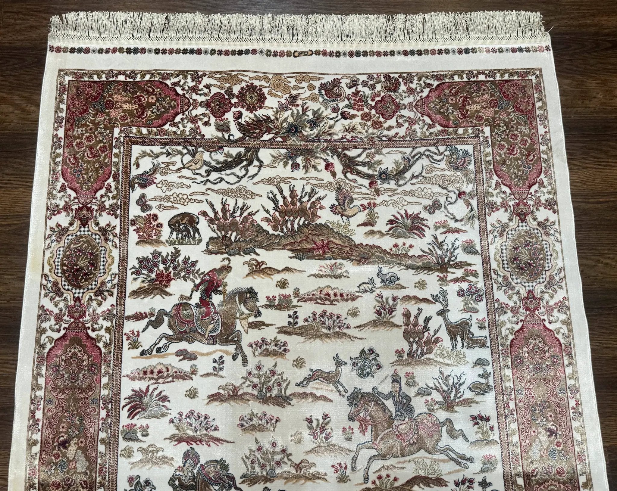 Turkish Silk Hunting Scene Rug 4x6, Ivory, Bamboo Silk, New by Jewel Rugs