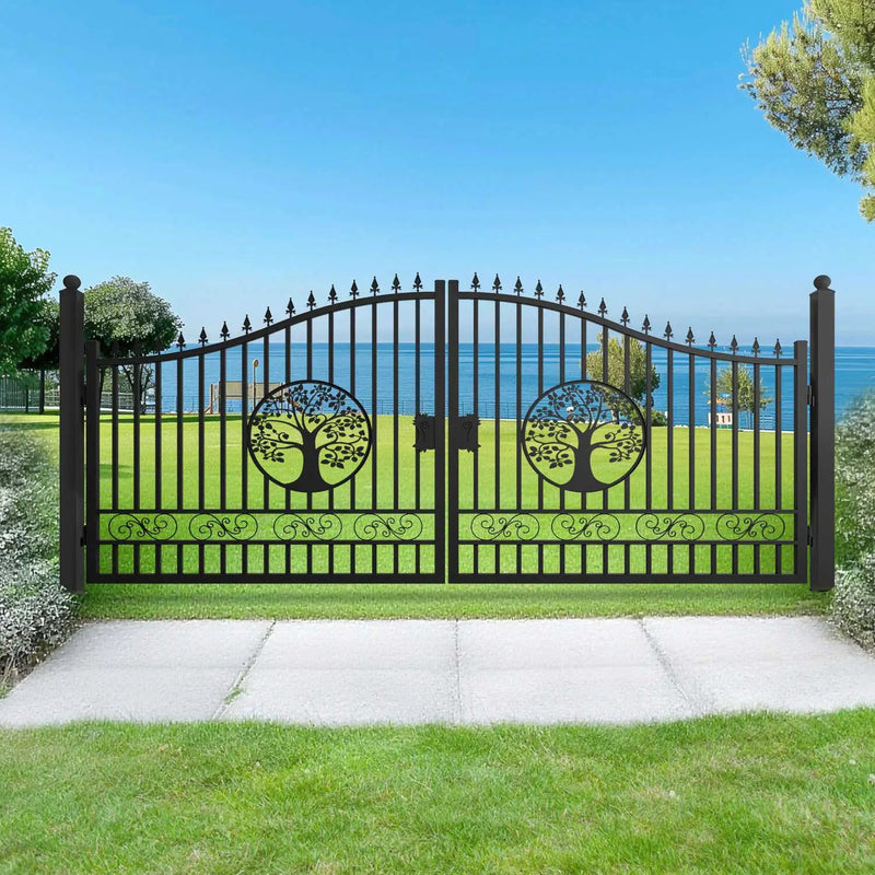 16x8 ft Steel Dual Swing Driveway Gate with Tree Pattern by Chery Industrial