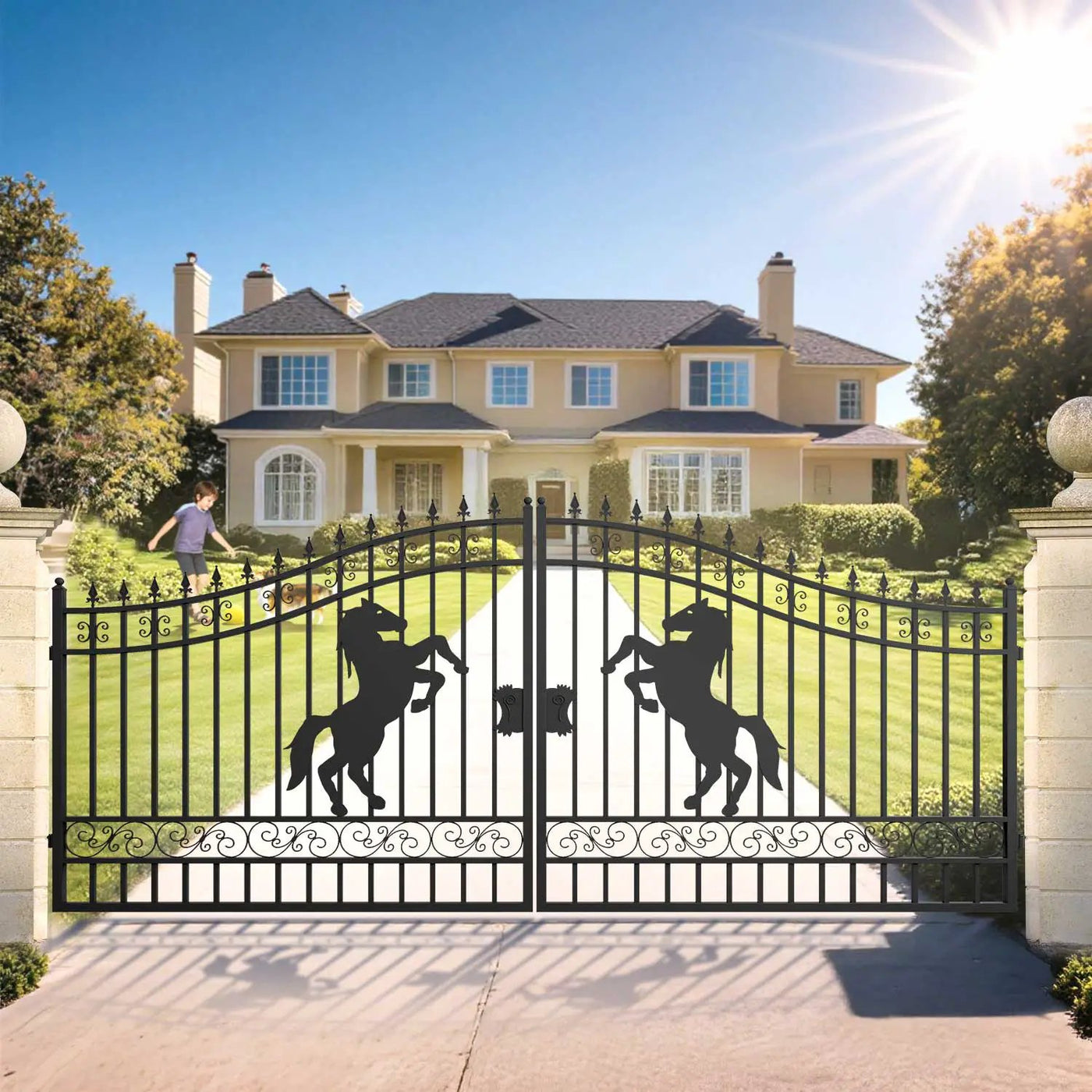 16x7 ft Steel Dual Swing Driveway Gate with Horse Pattern by Chery Industrial