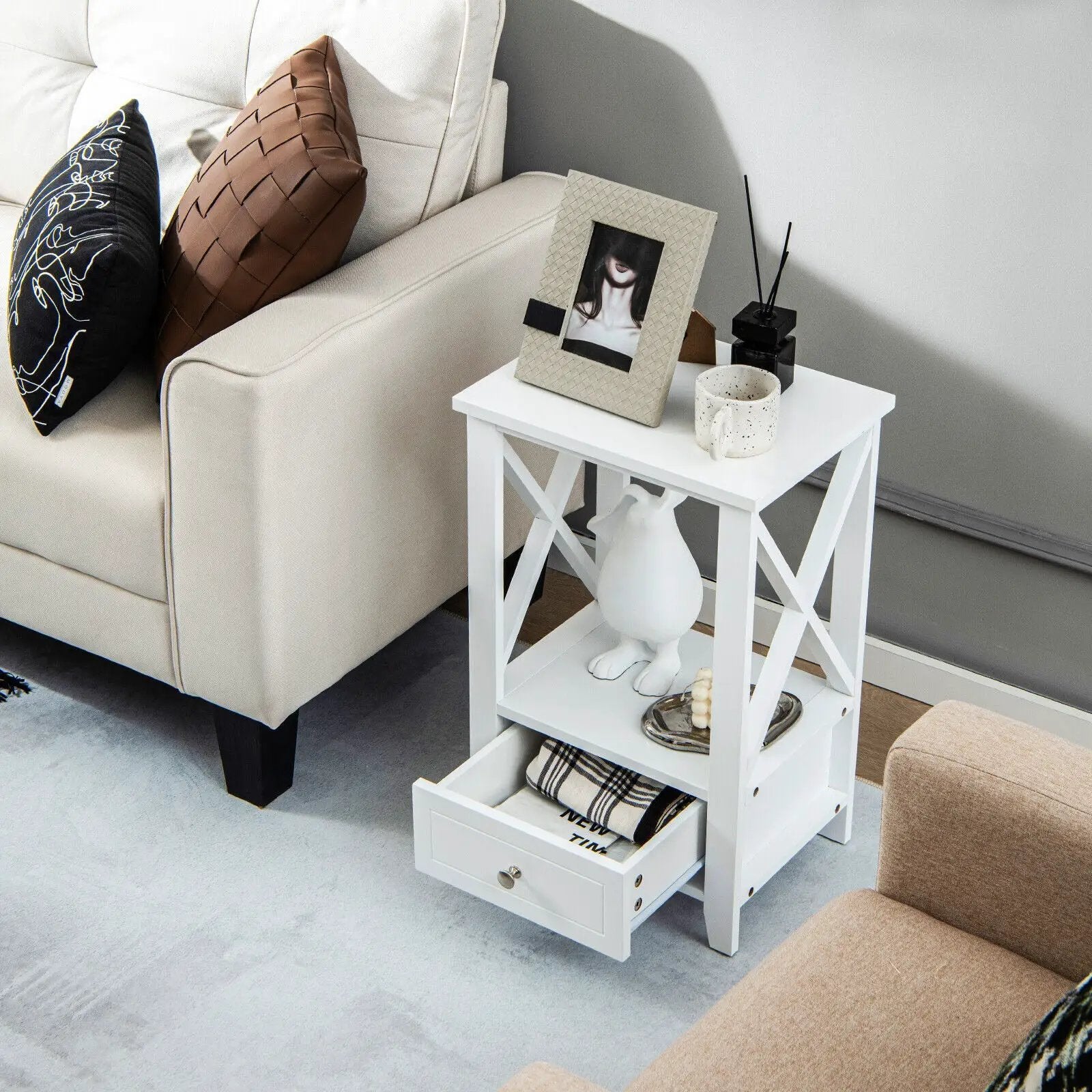 2-Tier 16 x 14 Inch Multifunctional Nightstand with Storage Drawer by DirectDeals