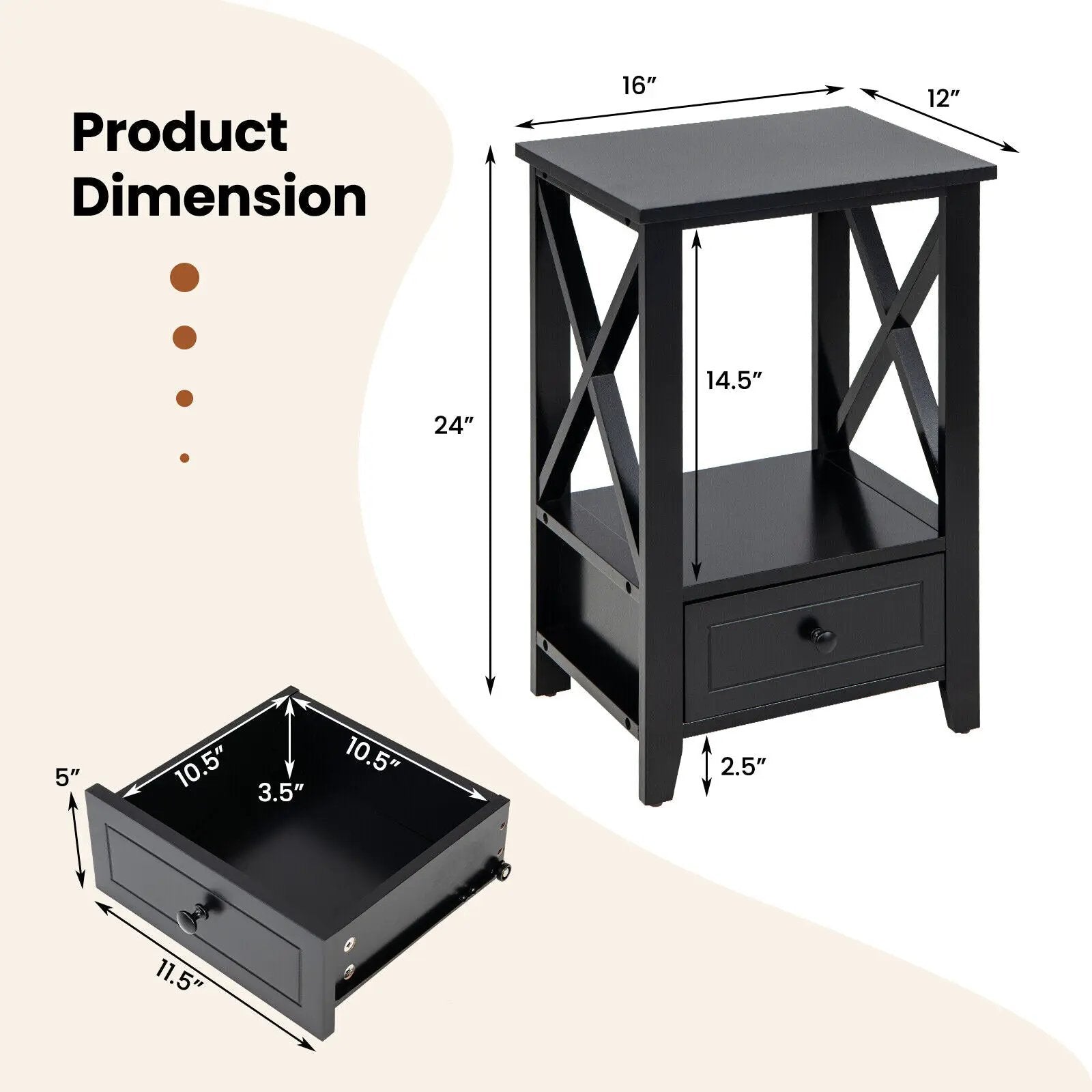 2-Tier 16 x 14 Inch Multifunctional Nightstand with Storage Drawer by DirectDeals