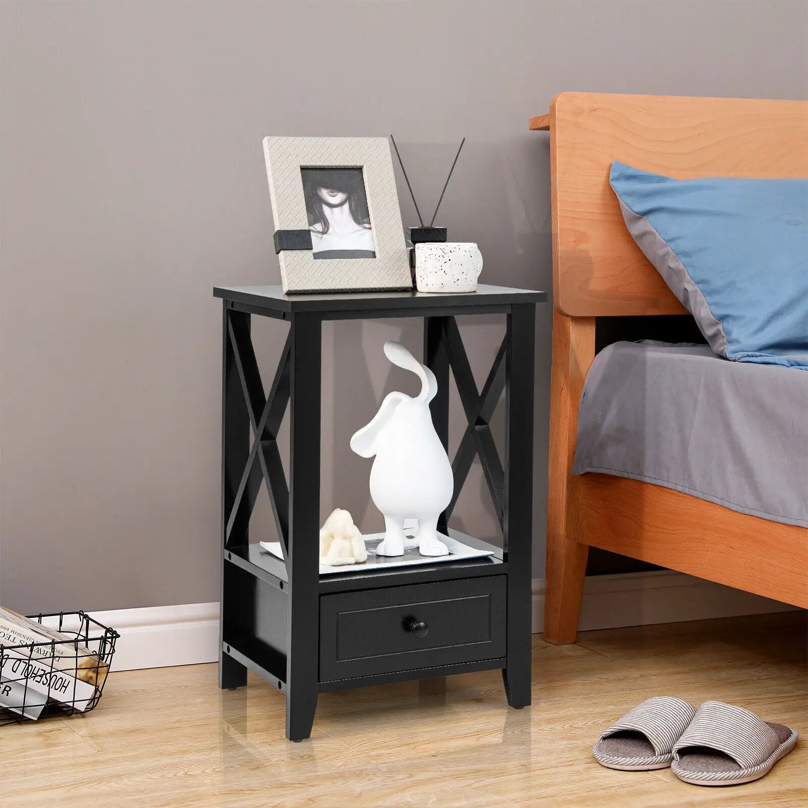 2-Tier 16 x 14 Inch Multifunctional Nightstand with Storage Drawer by DirectDeals