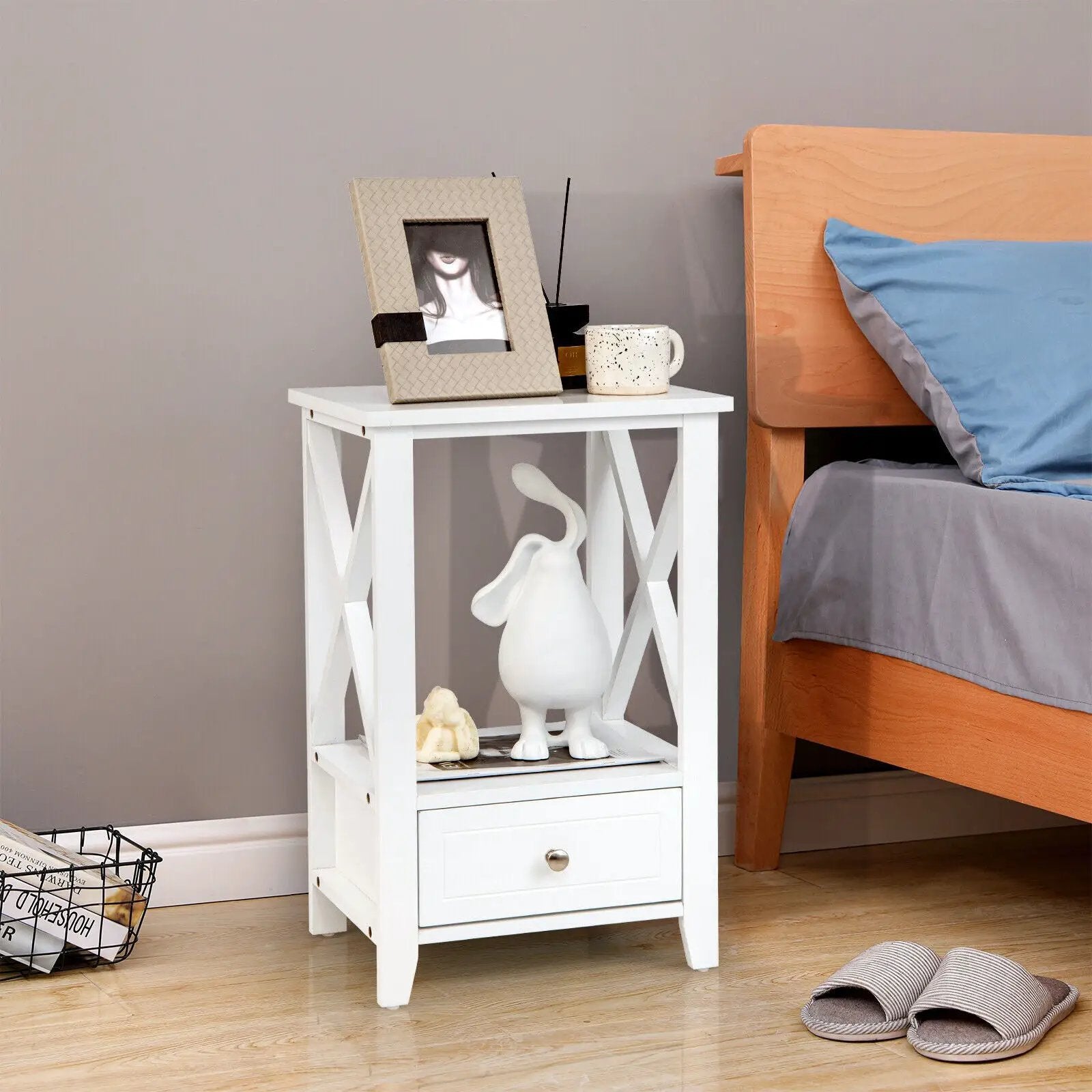 2-Tier 16 x 14 Inch Multifunctional Nightstand with Storage Drawer by DirectDeals