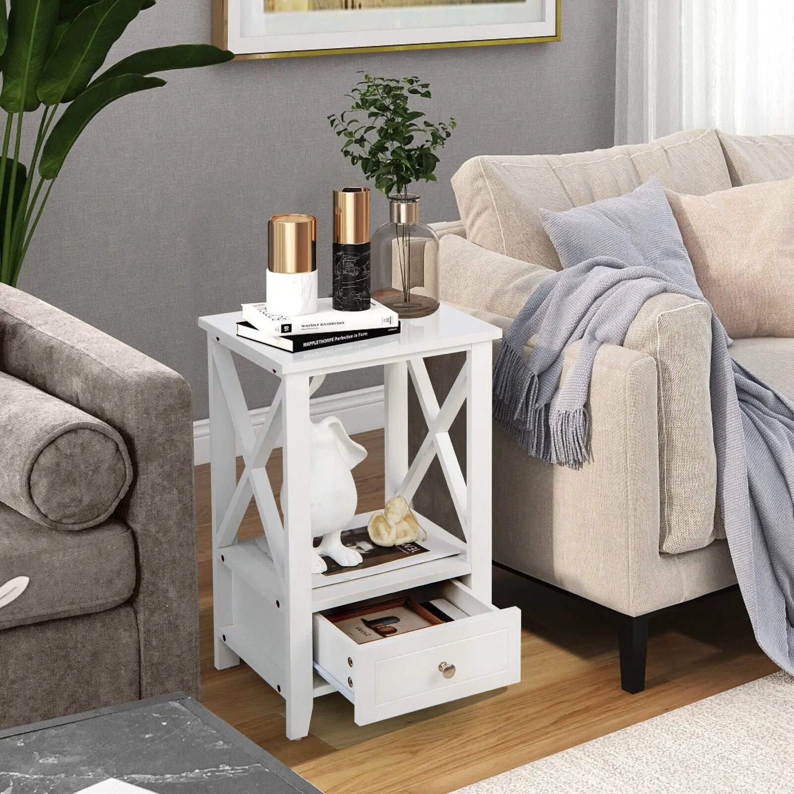 2-Tier 16 x 14 Inch Multifunctional Nightstand with Storage Drawer by DirectDeals