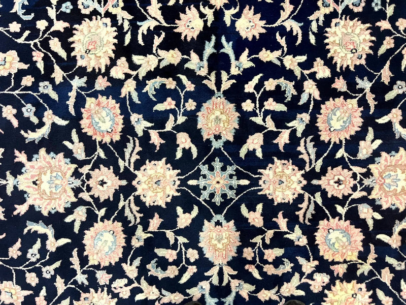 Indo Persian Rug 9x12, Navy Blue and Ivory/Cream, Floral Allover, Wool Vintage Handmade Carpet by Jewel Rugs