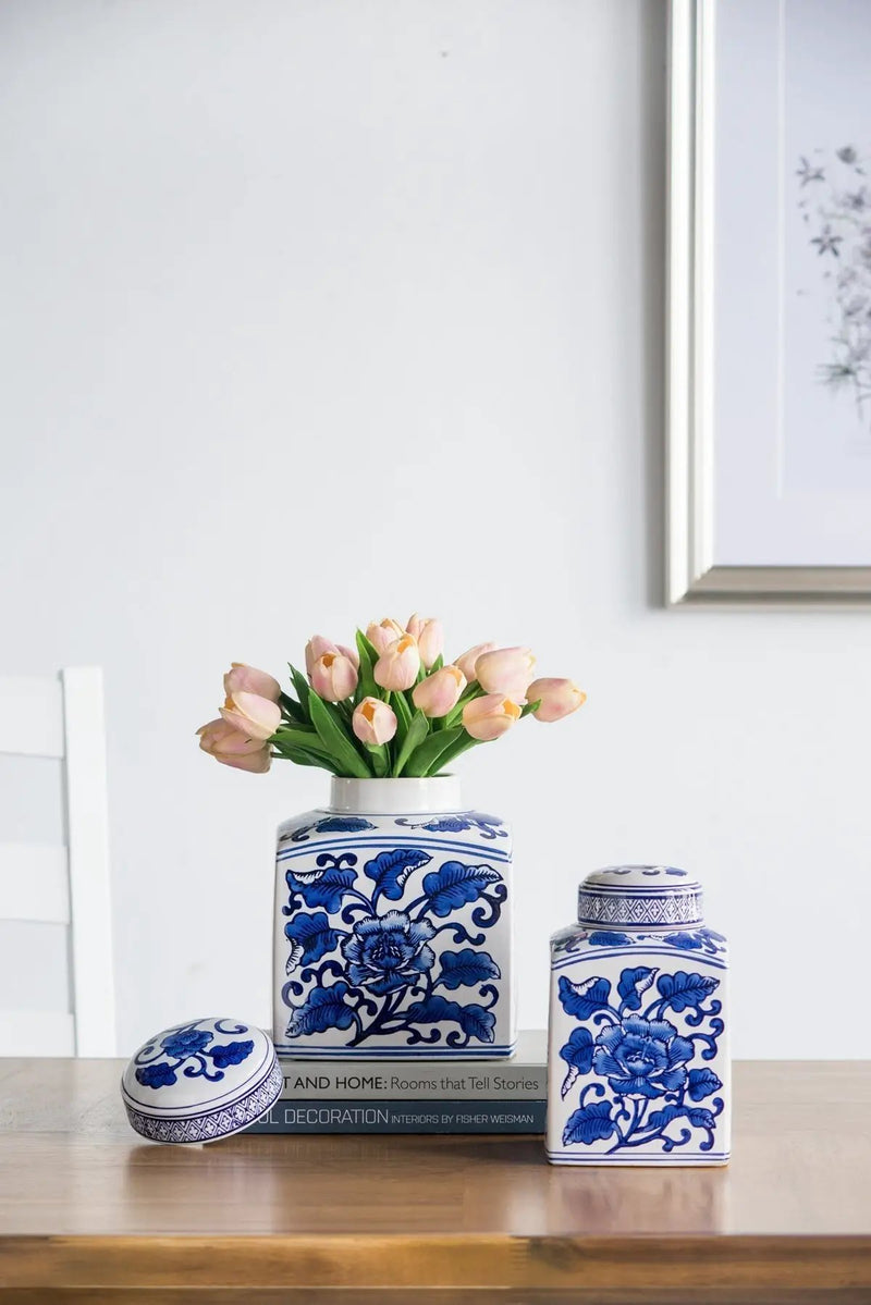 5x5x8' Hand Painted Square Canister with Blue and White Floral Pattern by HouseOfZazla