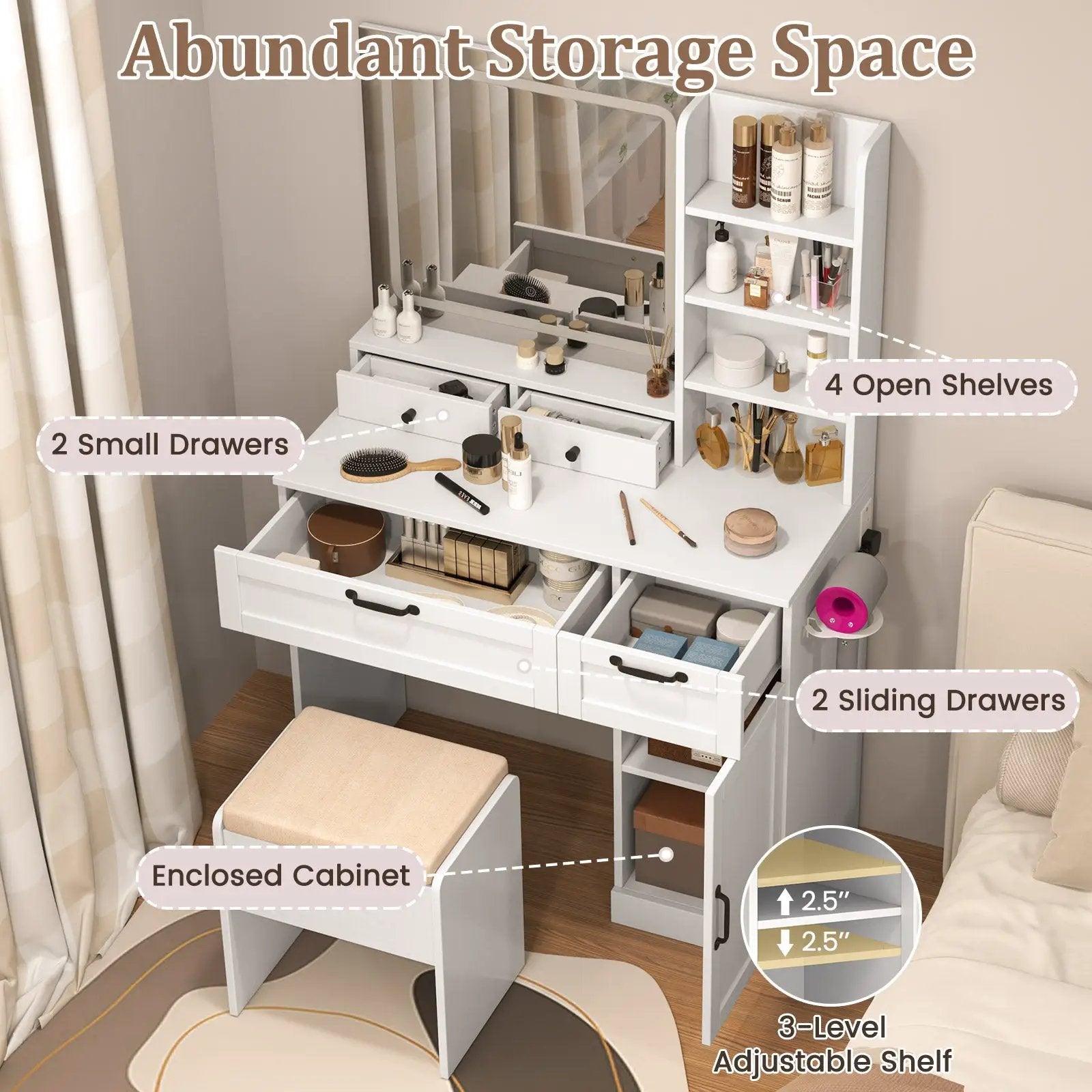 Vanity Set with Mirror and 3 Lighting Modes and Adjustable Brightness-White by DirectDeals