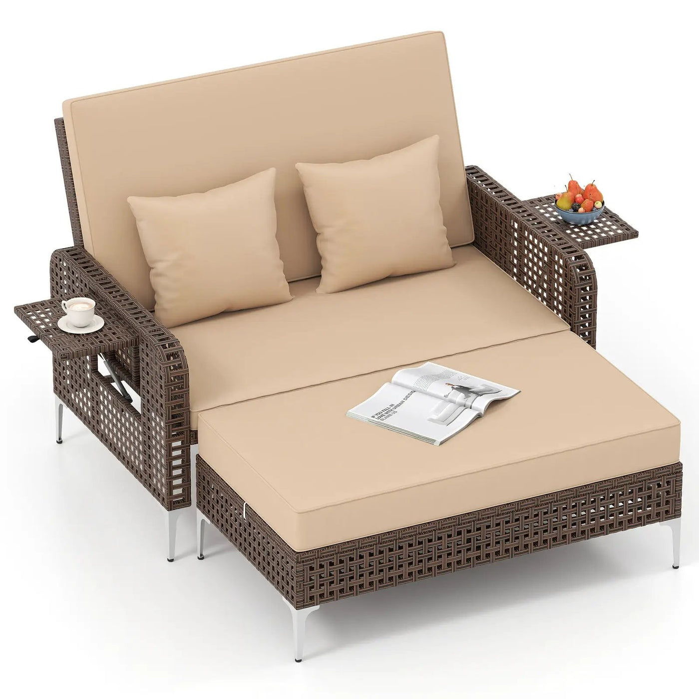 2 Piece Patio Rattan Daybed Wicker Loveseat and Ottoman with Adjustable Backrest by DirectDeals