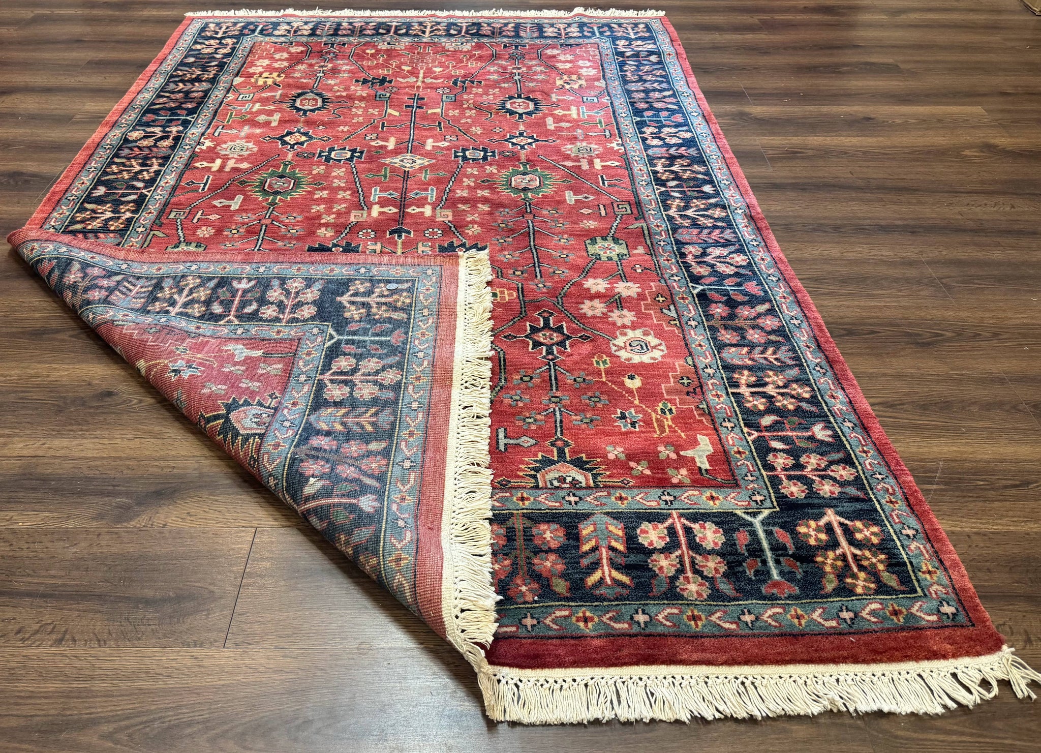 Indo Persian Heriz Serapi Rug 6x8, Rust Red and Navy Blue, Allover Pattern by Jewel Rugs
