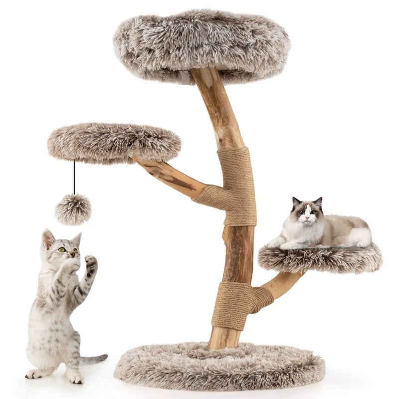 Cat Tree Solid Pear Wood with Perch and Natural Jute Scratching Posts-Brown by DirectDeals