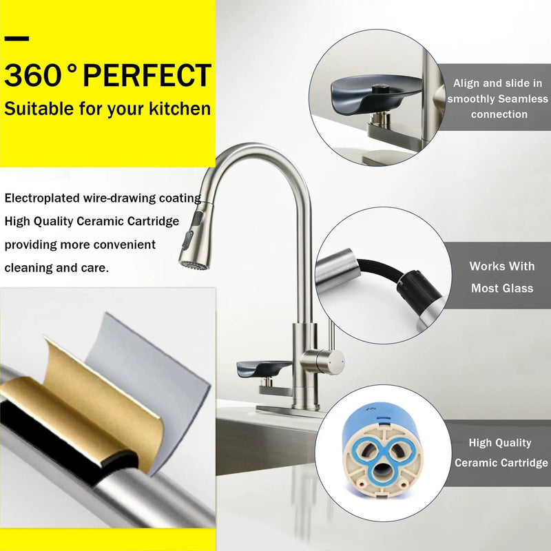 3-in-1 Kitchen Faucet with LED Temperature Display, Press-Type Glass Rinser, Pull-Down Sprayer, 3 Spray Modes, Brushed Nickel Finish, Stainless Steel Construction by HouseOfZazla