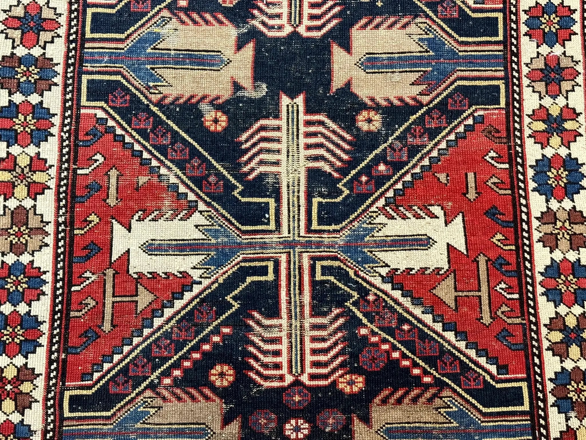 Antique Shirvan Caucasian Rug 3x5, Geometric Pattern, Red Navy Blue Beige by Jewel Rugs