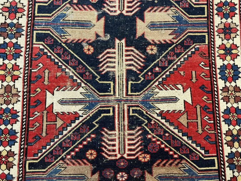 Antique Shirvan Caucasian Rug 3x5, Geometric Pattern, Red Navy Blue Beige by Jewel Rugs