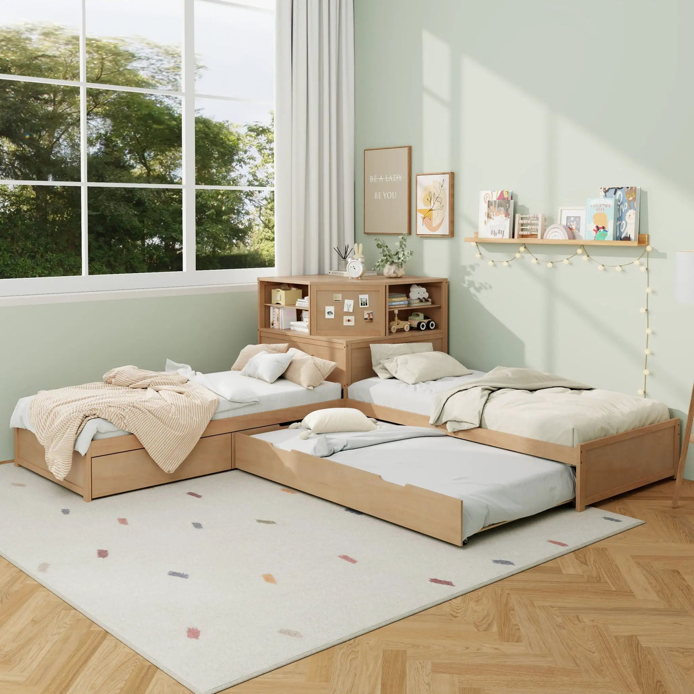 L-Shaped Bed Frame With Trundle, Built In Desk & LED Lighting by HouseOfZazla