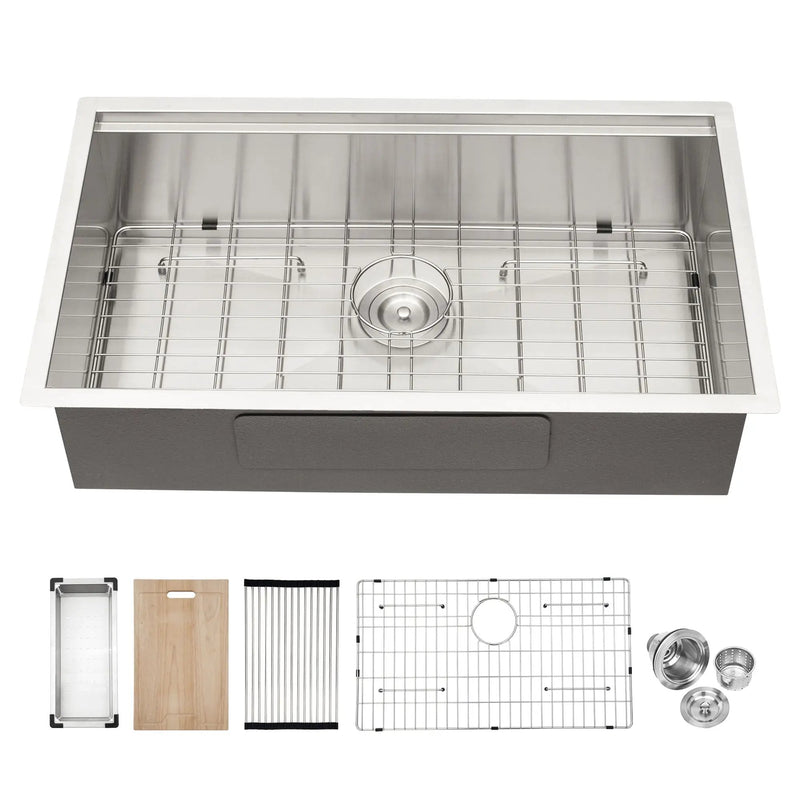 33" Undermount Kitchen Sink Single Bowl Stainless Steel Ledge Workstation In Brushed Nickel, 16 Gauge 304 Stainless Steel, 33 X 19 X 9 Inch by HouseOfZazla