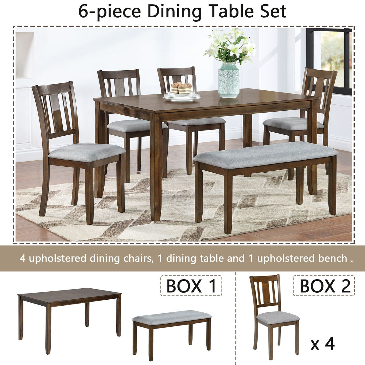 6 Piece Wooden Dining Room Set with Upholstered Chairs and Bench - Gray or Dark Brown, photo 5 of 20