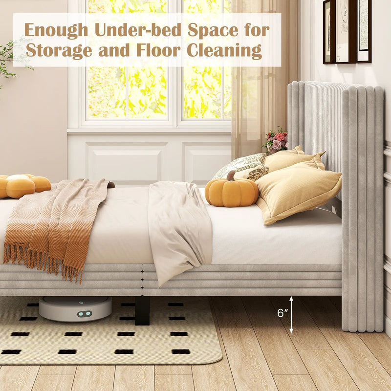 Queen Size Velvet Bed Frame with Vertical Channel Tufted Wingback Headboard-White by DirectDeals