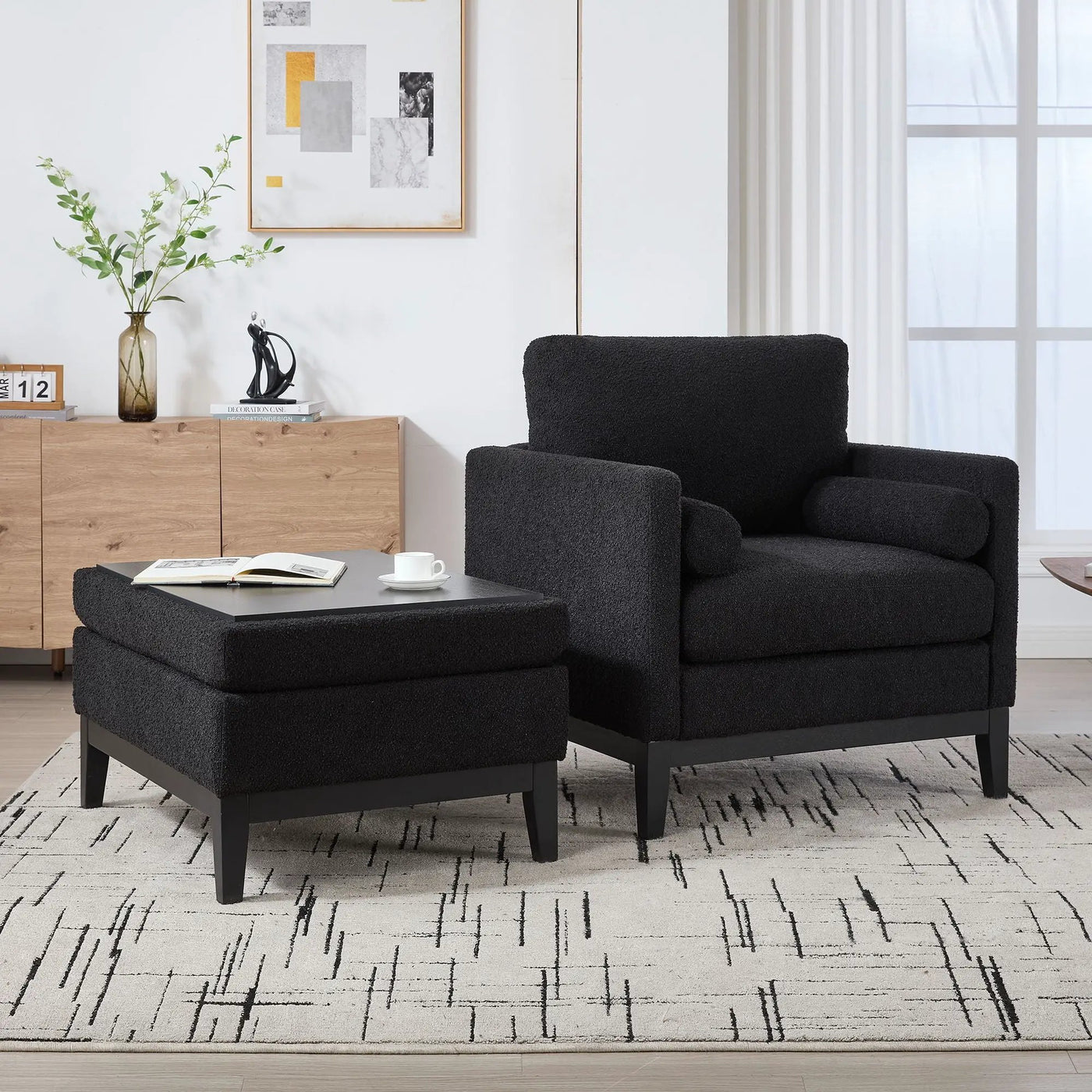 Farmhouse Upholstered Accent Chair With Ottoman, Reversible Lid Coffee Table by Unique Piece Furniture