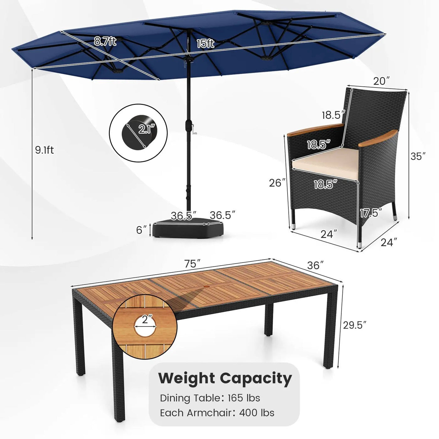 10 Piece Outdoor Dining Set with 15 Feet Double-Sided Twin Umbrella by DirectDeals