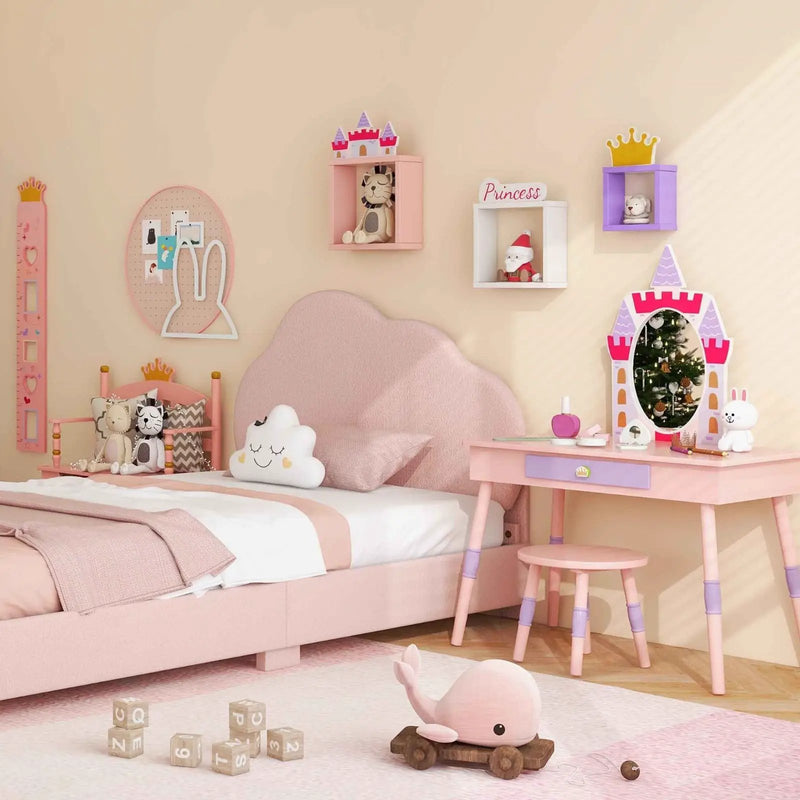 3 Pieces Kids' Room Bundle: Twin Bed Frame Wardrobe Closet Vanity Table and Stool Set by DirectDeals