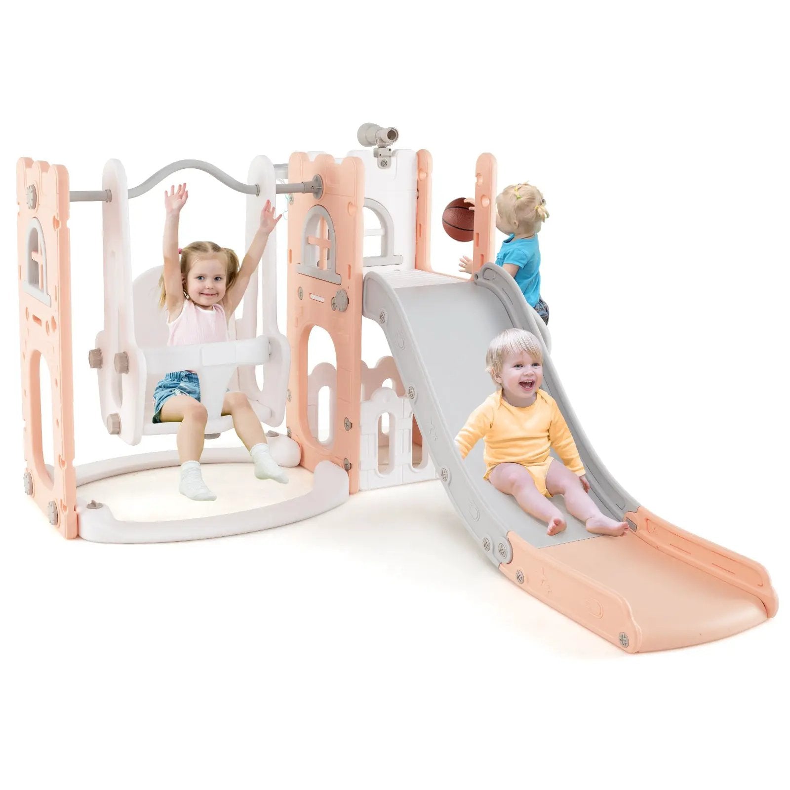 7-in-1 Toddler Swing and Slide Set L-shaped with Ladder and Basketball Hoop by DirectDeals