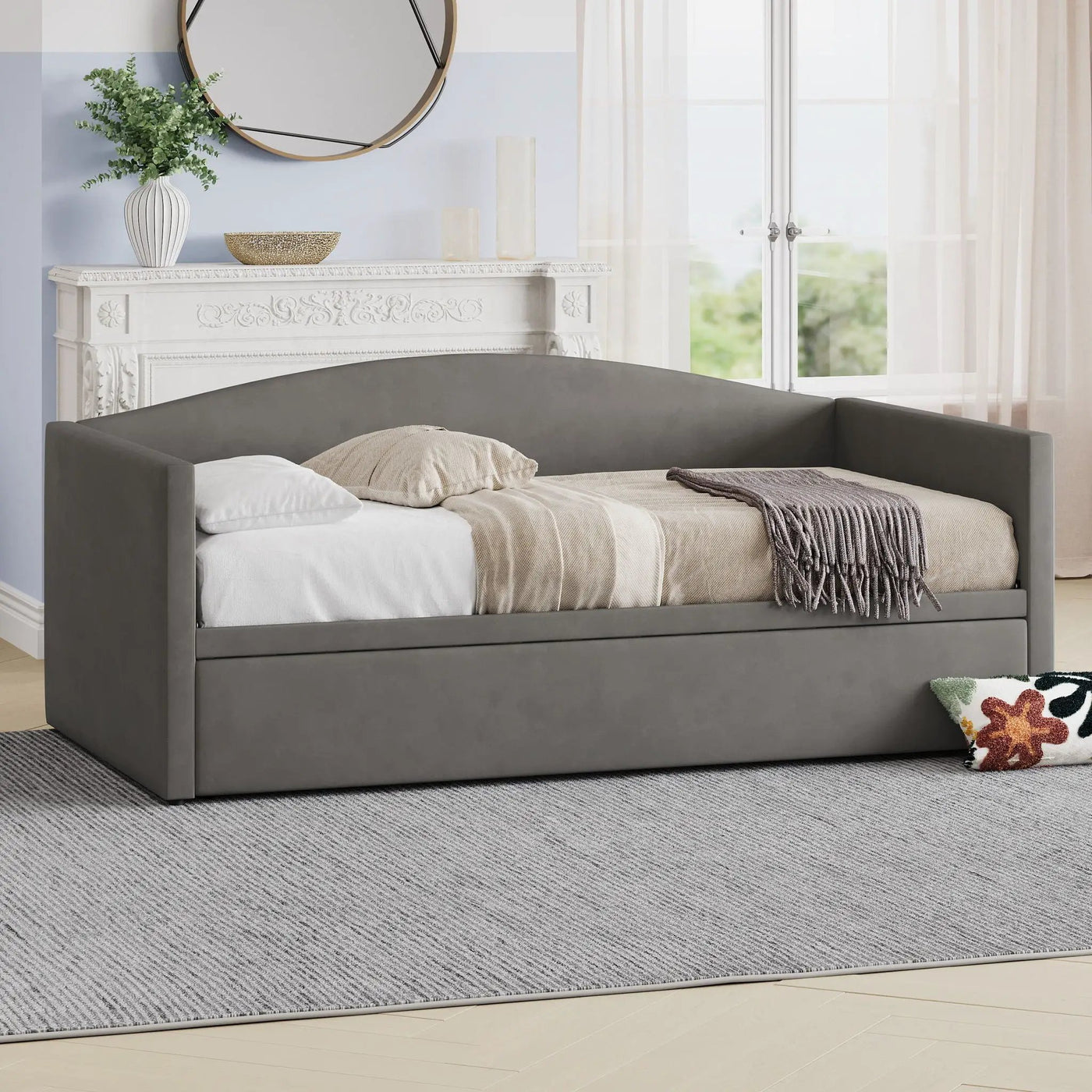 Daybed With Pop Up Trundle, Upholstered Sofa Bed by HouseOfZazla