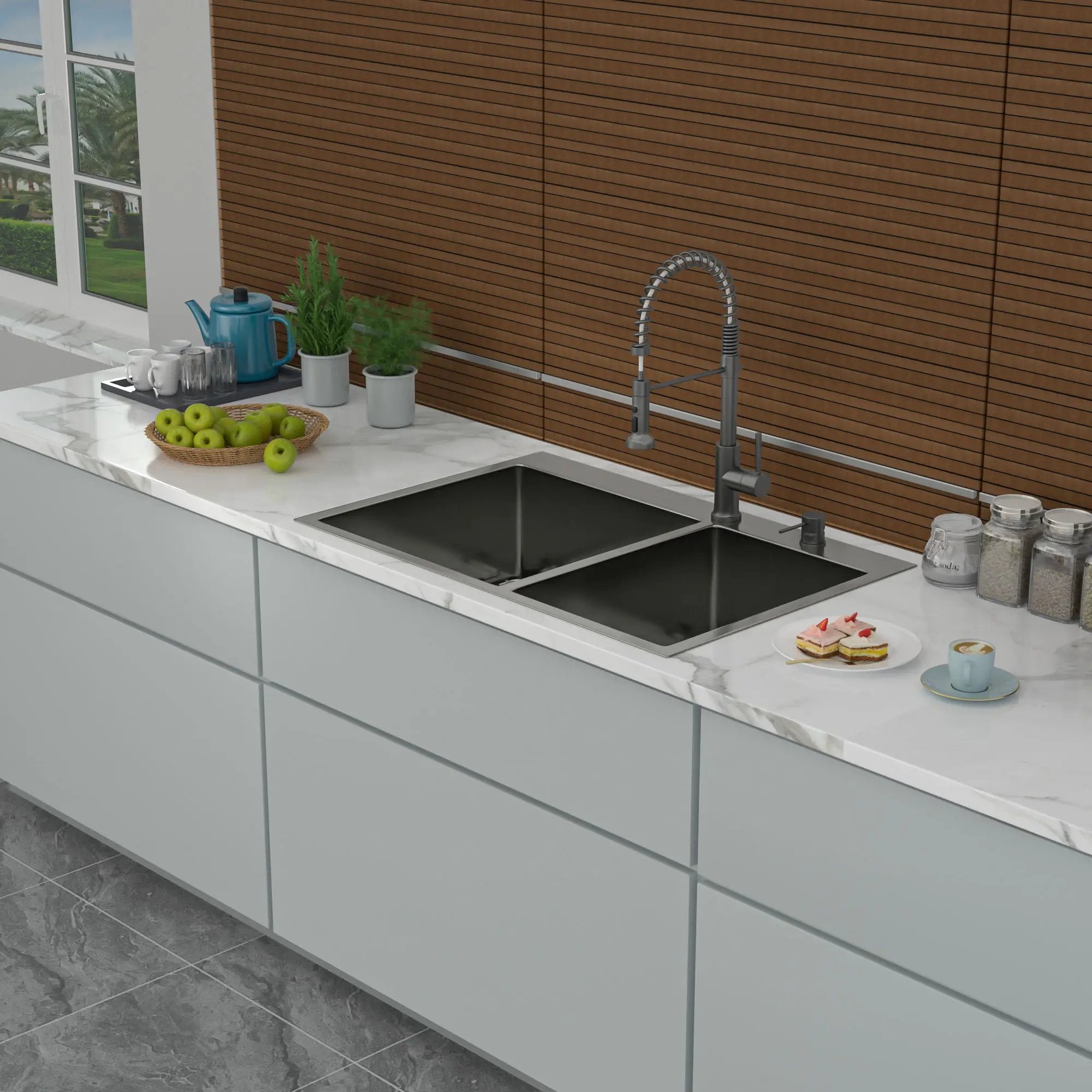 Double Bowl Kitchen Sink 16 Gauge 33" X 22" With 2 10" Deep Basins - Gunmetal Black by HouseOfZazla