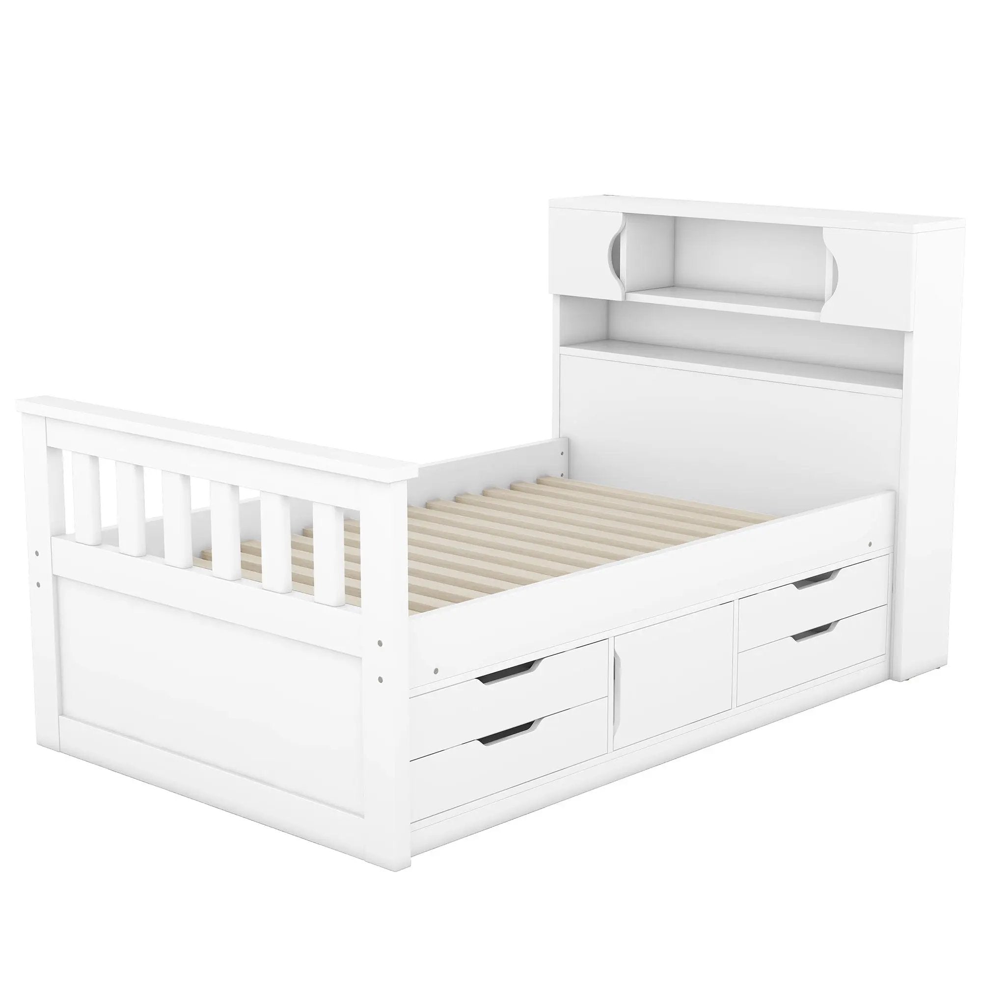 Captain Platform Bed Frame With Storage Bookcases, Shelves, And 4 Drawers
