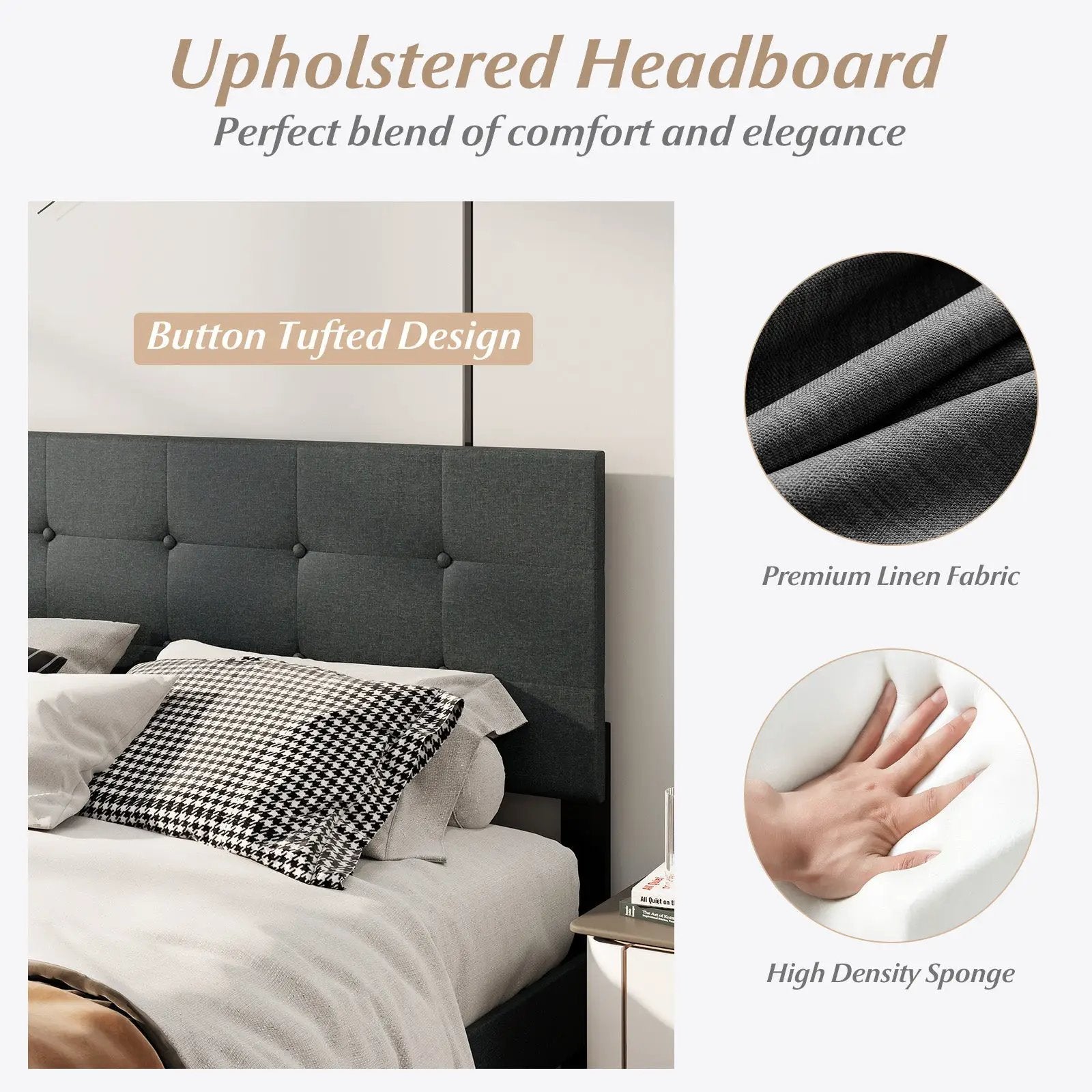 Queen Size Upholstered Bed Frame Linen Platform Bed-Dark Gray by DirectDeals