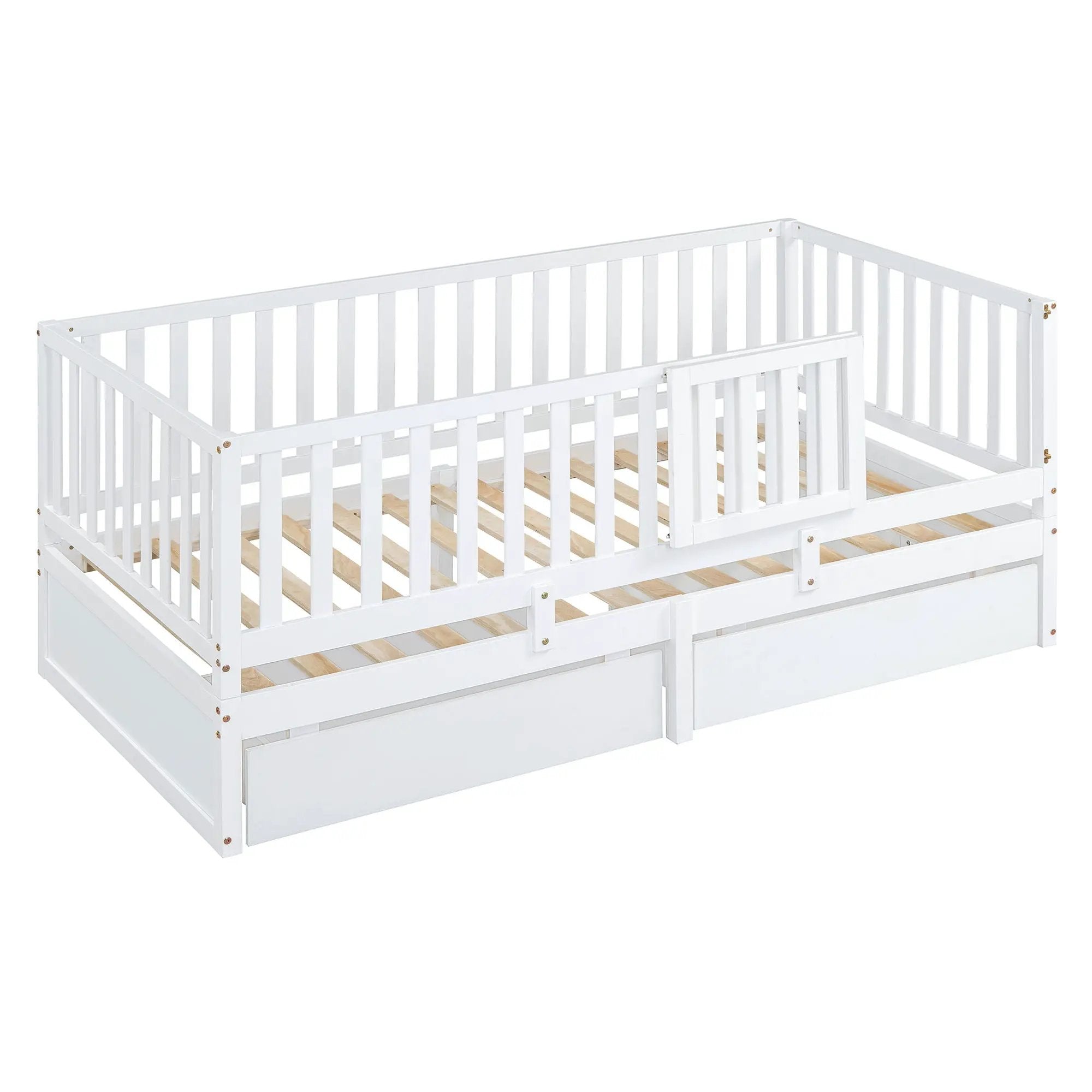 Daybed With Fence Guardrails And 2 Drawers, Split Into Independent Floor Bed & Daybed by HouseOfZazla