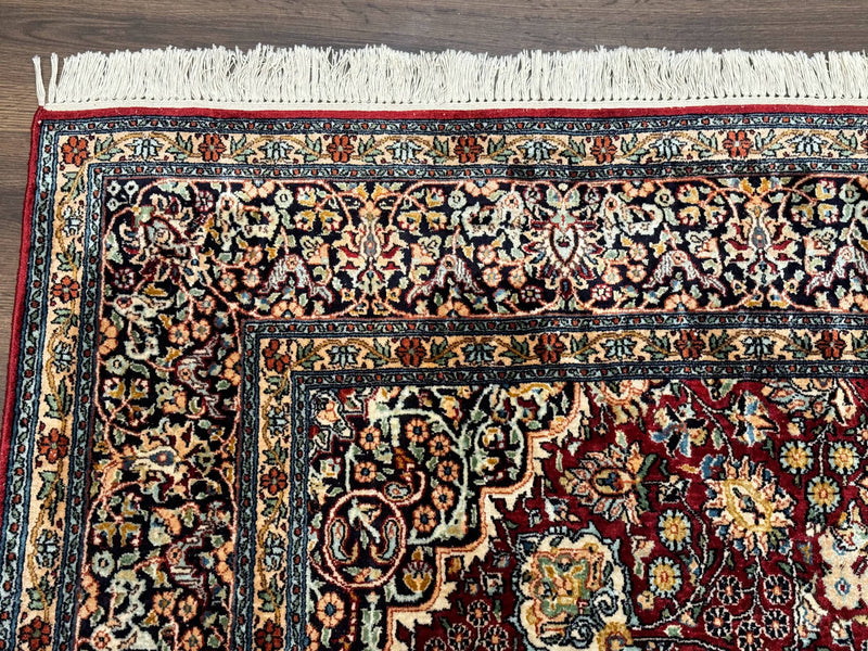 Indian Kashmiri Silk Rug 6x9, Red and Navy Blue, Floral Medallion, Fine 275 KPSI by Jewel Rugs