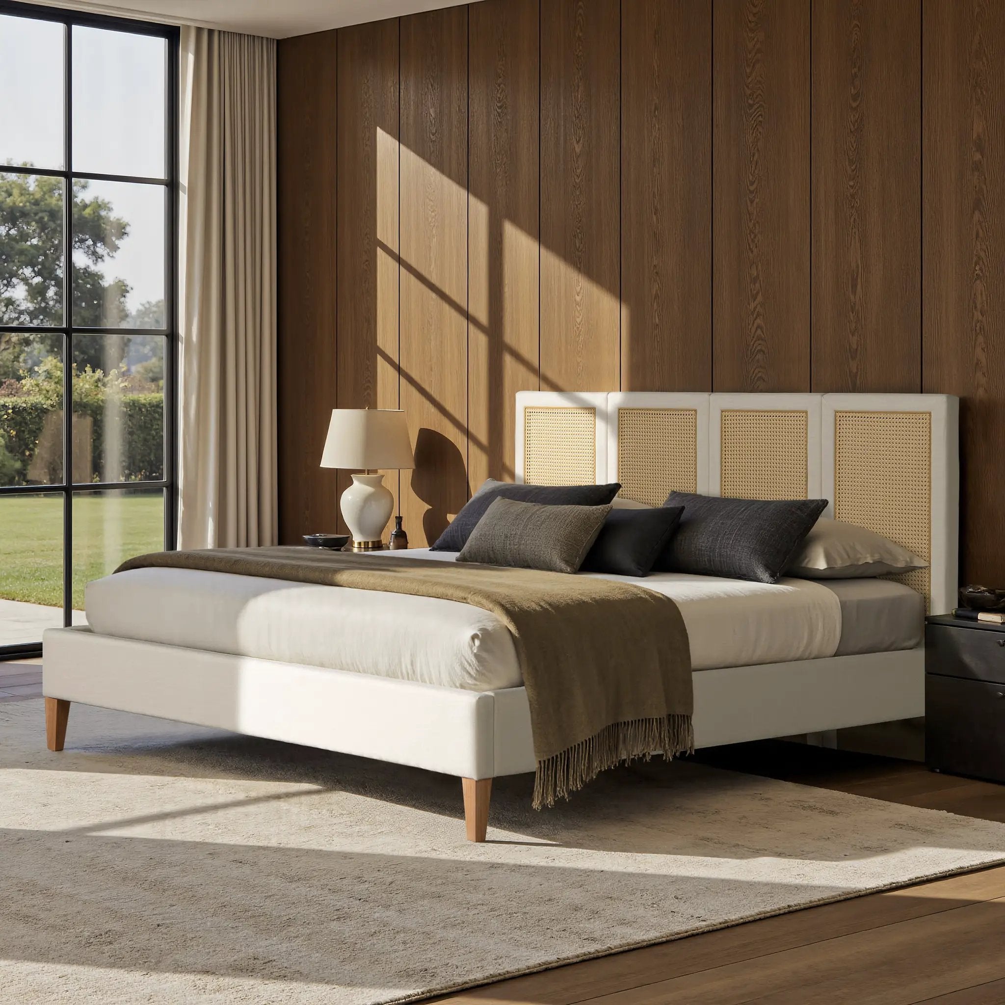 Toscana King Upholstered Cane Back Platform Bed, Antique by HouseOfZazla