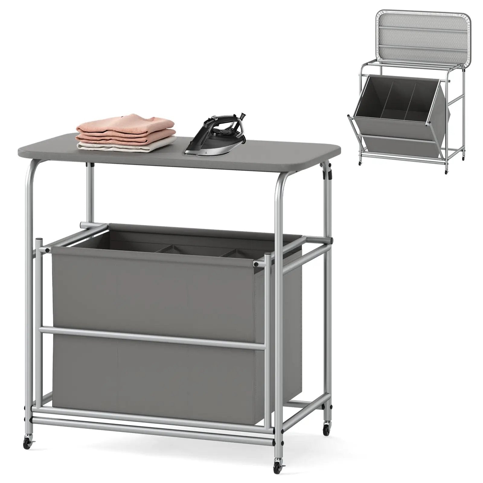 3-Section Laundry Sorter with Foldable Ironing Board and Lockable Wheels-Gray by DirectDeals