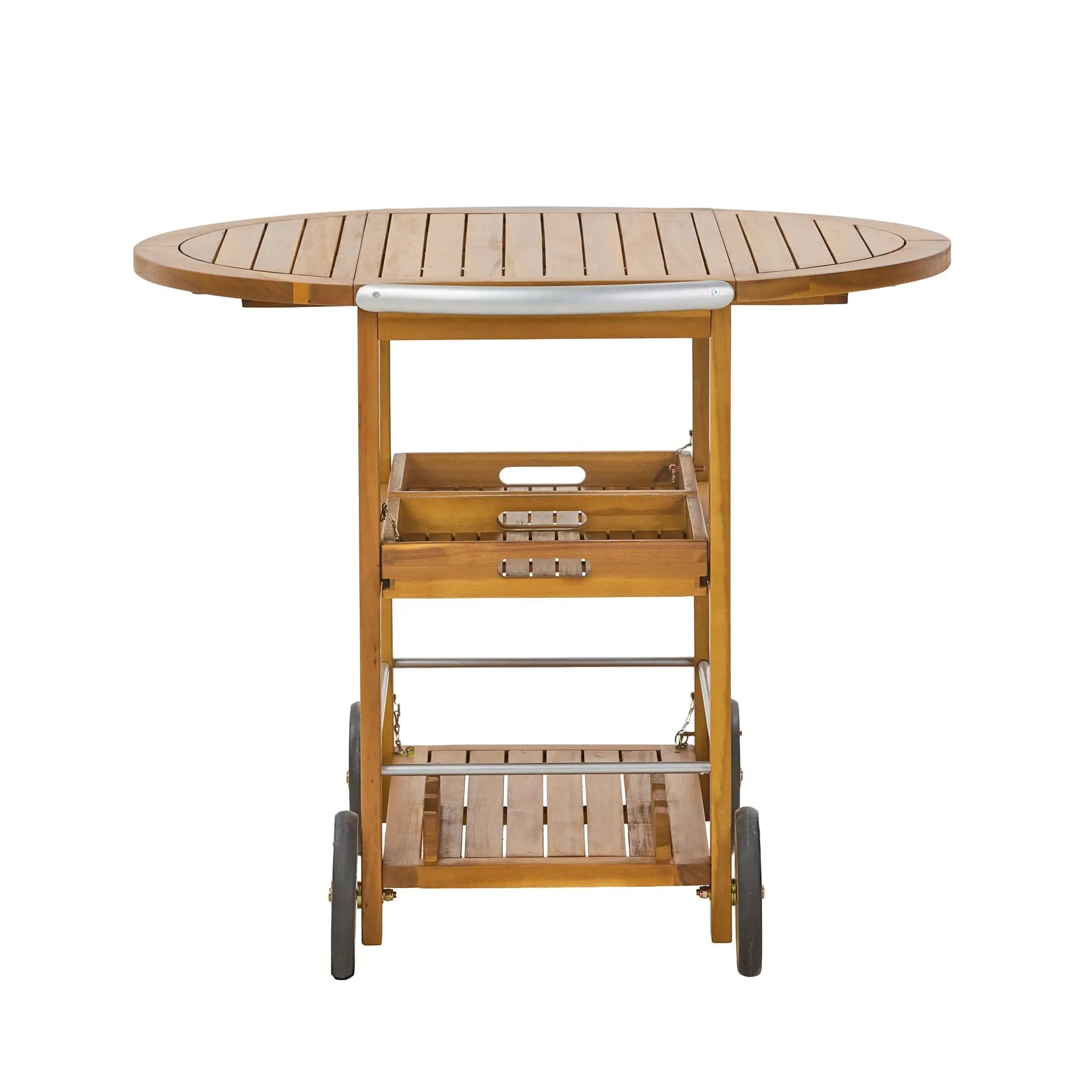 Outdoor Bar Cart With Foldable Tabletop & Removable Trays - Teak by HouseOfZazla
