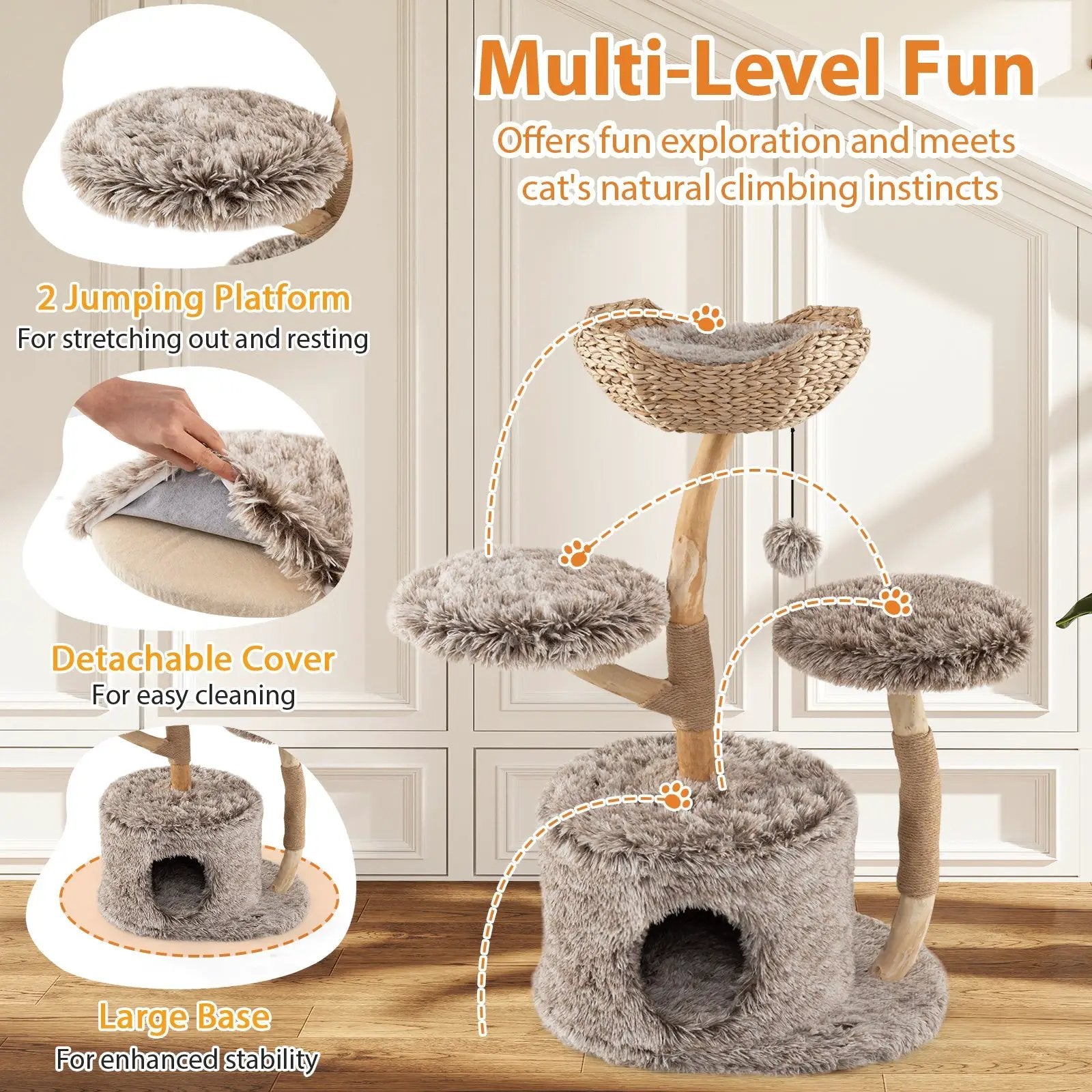 Wood Cat Tree Solid Pear Cat Tree with Perch and Sisal Scratching Posts-Brown by DirectDeals