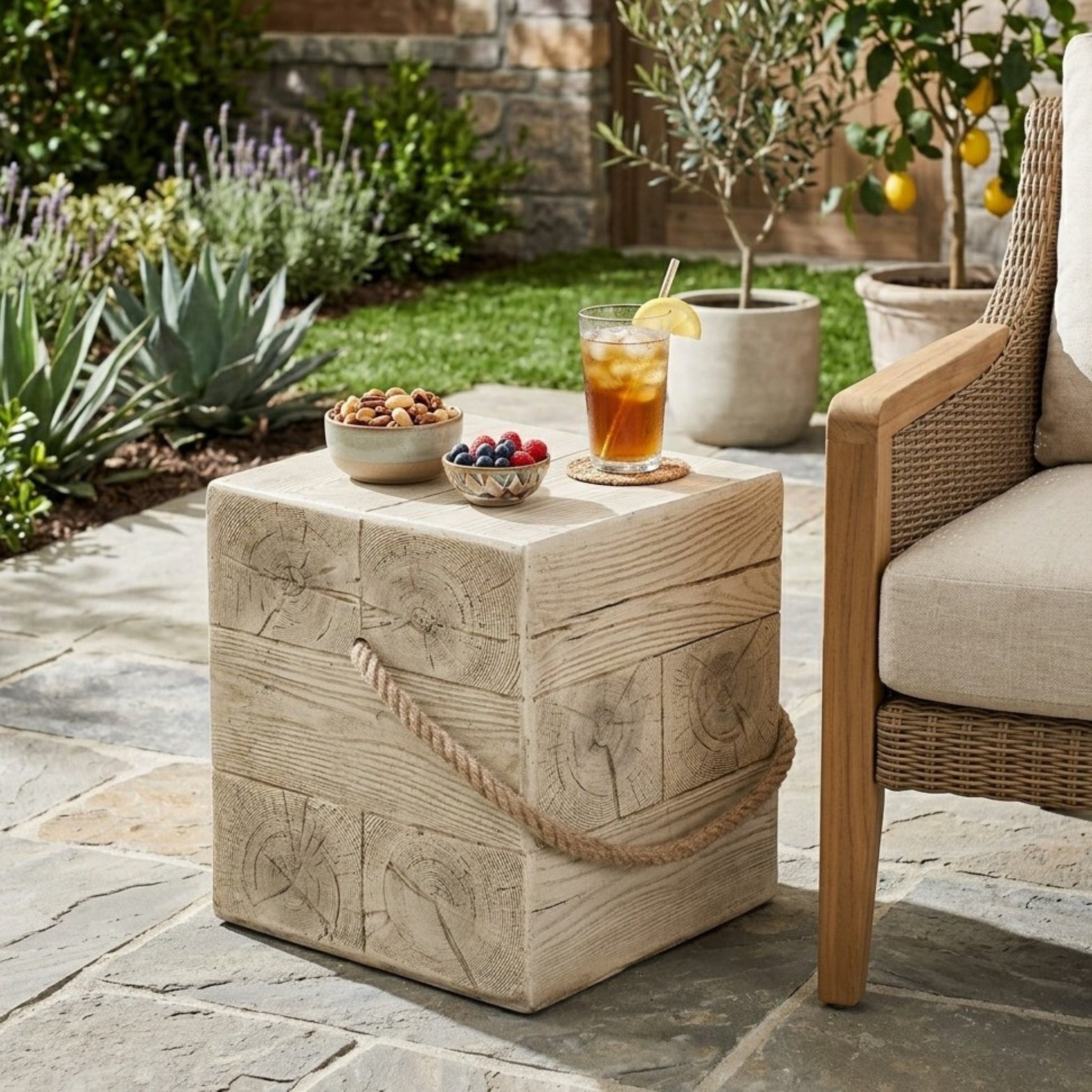 Outdoor Wood Grain Square MGO Side Table with Simulated Braided Cord by HouseOfZazla