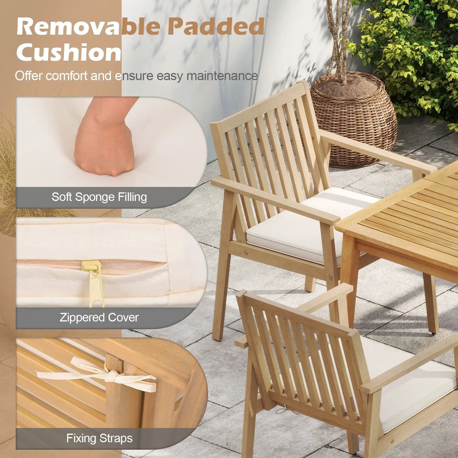 2 Pieces Patio Dining Chairs Outdoor Acacia Wood Chairs with Removable Padded Cushion by DirectDeals