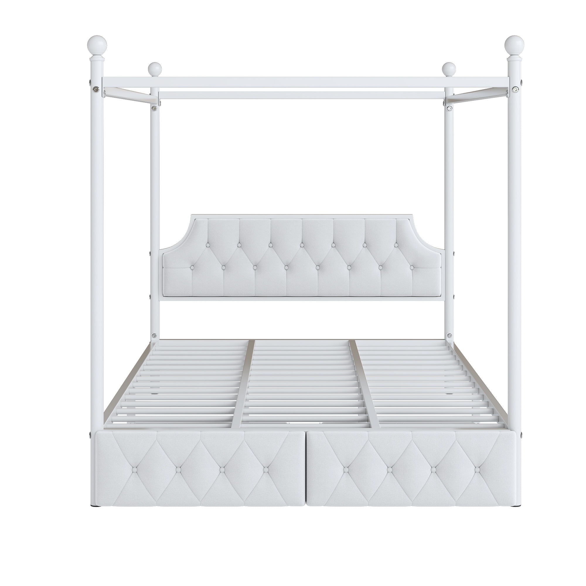 Queen Size Canopy Platform Bed With Upholstered Headboard And 2 Storage Drawers - White by HouseOfZazla