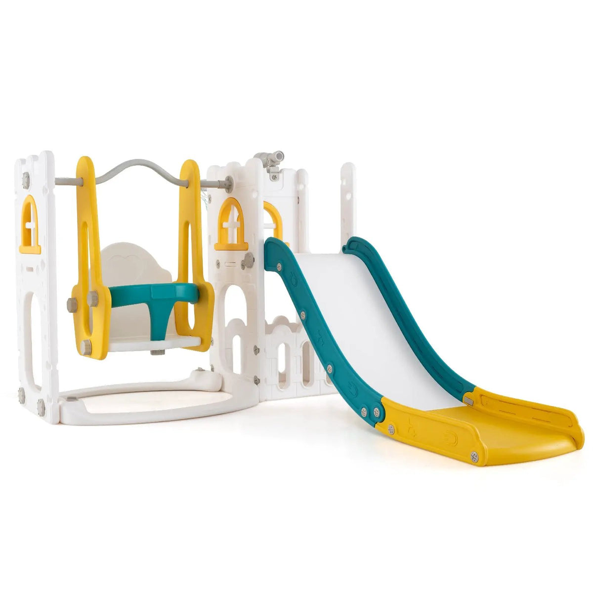 7-in-1 Toddler Swing and Slide Set L-shaped with Ladder and Basketball Hoop by DirectDeals