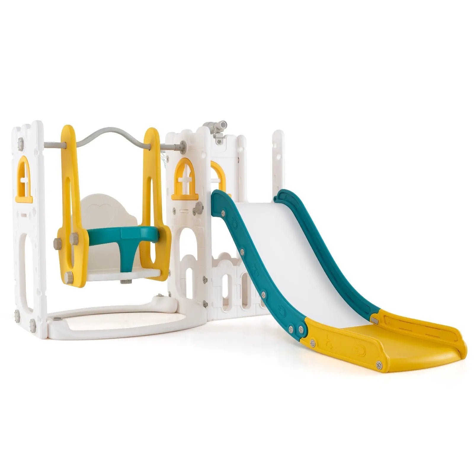 7-in-1 Toddler Swing and Slide Set L-shaped with Ladder and Basketball Hoop by DirectDeals