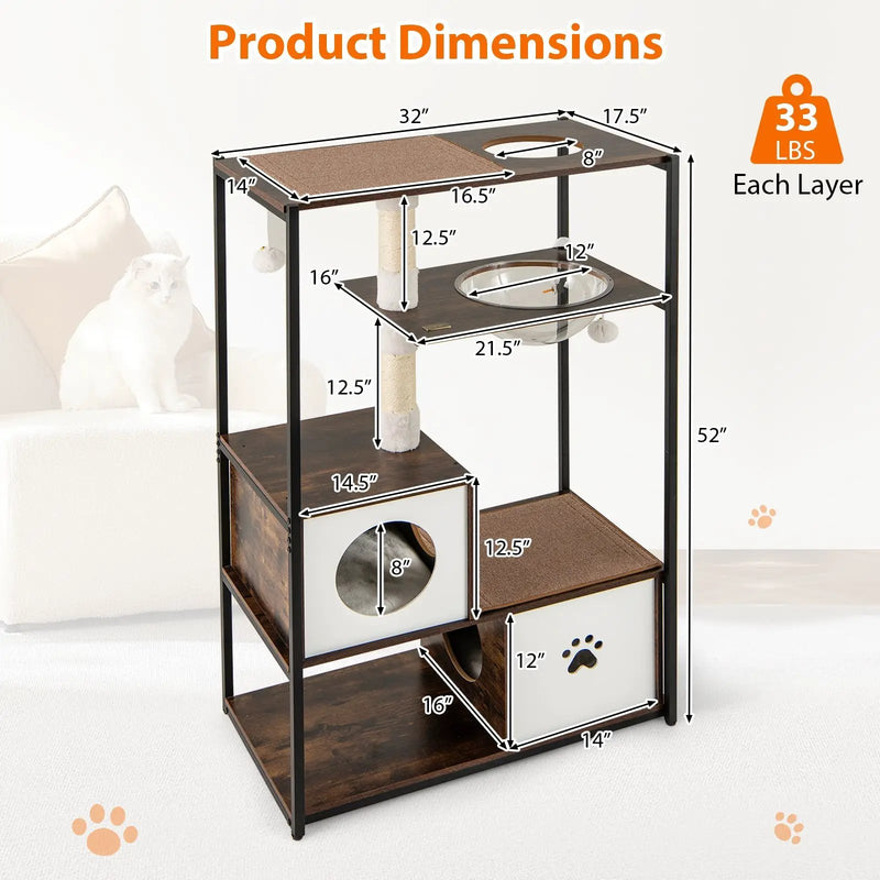 52 Inch Tall Wooden Cat Tree Metal Frame with 2 Condos and Cushions-Coffee by DirectDeals
