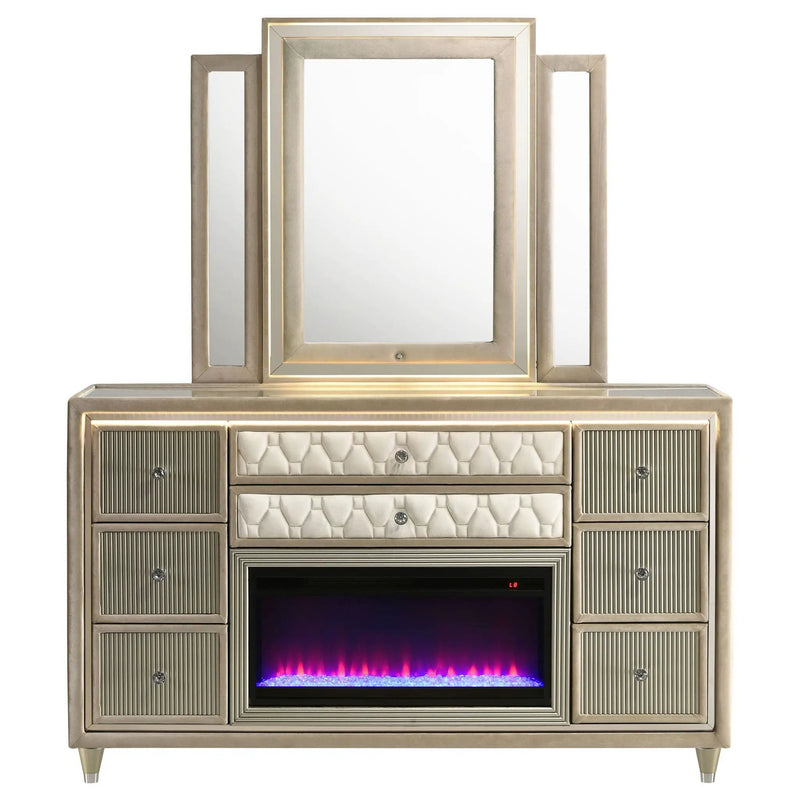 Lorient 8-drawer LED Flame Box Dresser and Mirror Ivory Camel by Unique Piece Furniture