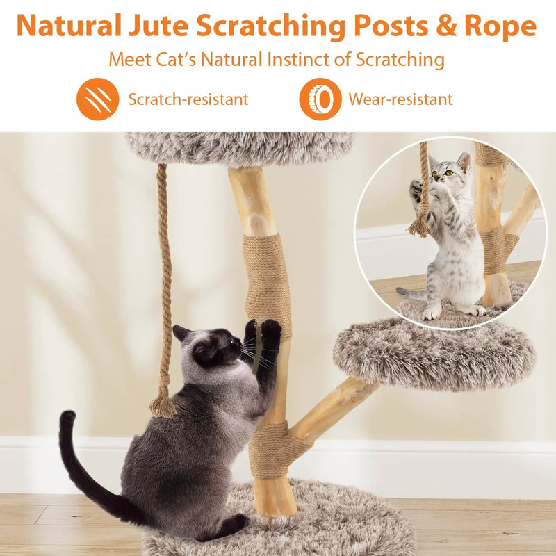 Modern Wooden Cat Tree Tower with Perch and Natural Jute Scratching Posts-Brown by DirectDeals