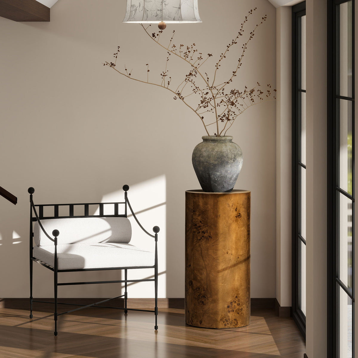 Nebula Accent Pillar Side Table with Burl Wood Veneer - Light or Dark Brown, photo 3 of 28