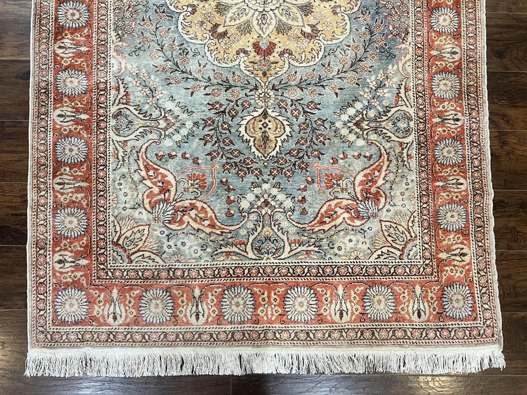 Silk Turkish Rug 5x7, Light Blue Silk Carpet, Floral Medallion, Turkish Kayseri Rug, Vintage Handmade Oriental Rug by Jewel Rugs