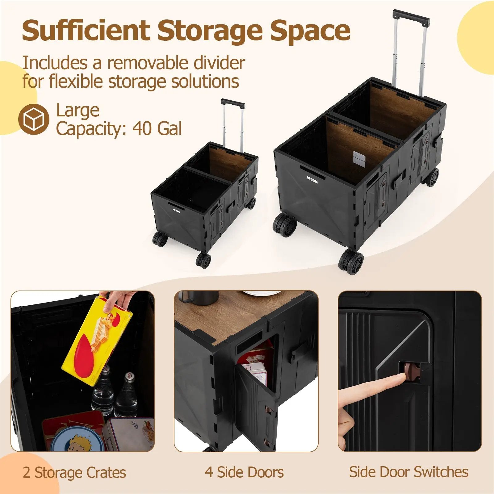 Large Foldable Utility Cart with 2-Tier Storage Crates and Telescoping Handle by DirectDeals