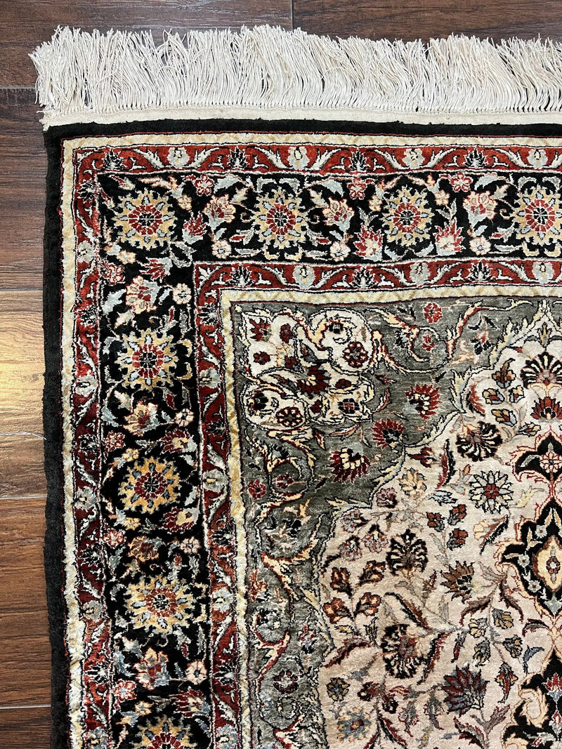 Silk Sino Persian Rug 3x5, Floral Medallion, Hand Knotted Silk Pile Silk Foundation, Traditional Silk Handmade Oriental Carpet, Cream Black by Jewel Rugs
