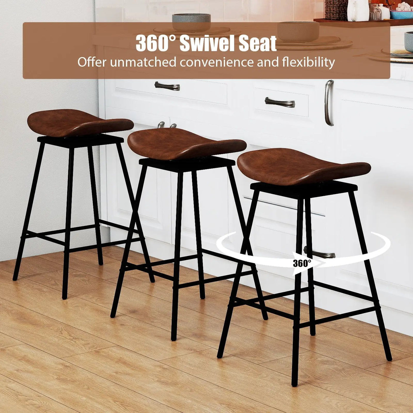 Set of 2 Swivel Barstools Faux Leather Upholstered Backless with Footrest by DirectDeals